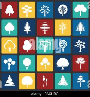 Trees icon set on color squares background for graphic and web design, Modern simple vector sign. Internet concept. Trendy symbol for website design web button or mobile app. Stock Vector
