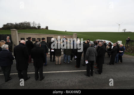 People attend a roadside service on Kingsmill road marking the 43rd anniversary of the shooting dead of 10 Protestant workmen by republicans at Kingsmill in South Armagh. Stock Photo