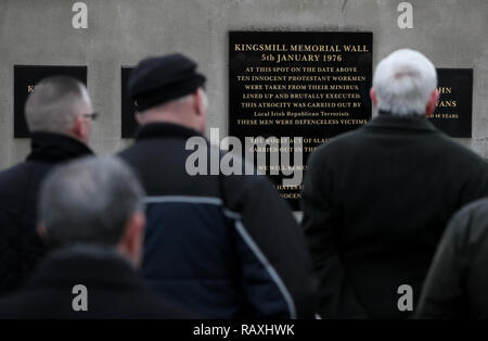 People attend a roadside service on Kingsmill road marking the 43rd anniversary of the shooting dead of 10 Protestant workmen by republicans at Kingsmill in South Armagh. Stock Photo