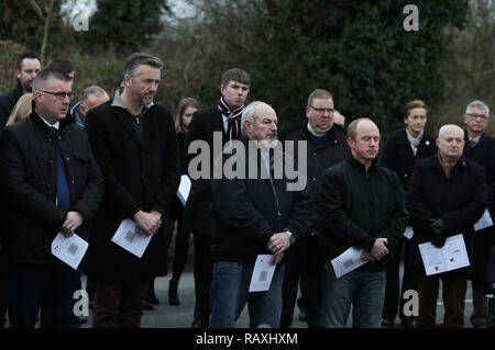 People attend a roadside service on Kingsmill road marking the 43rd anniversary of the shooting dead of 10 Protestant workmen by republicans at Kingsmill in South Armagh. Stock Photo