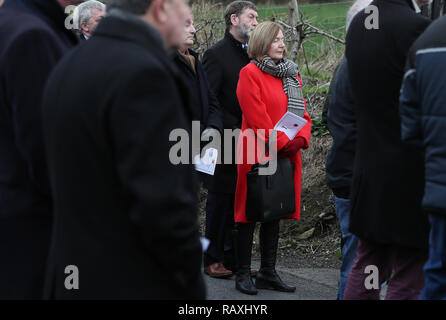 People attend a roadside service on Kingsmill road marking the 43rd anniversary of the shooting dead of 10 Protestant workmen by republicans at Kingsmill in South Armagh. Stock Photo