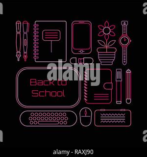 Neon colors on a black background Back to School vector illustration. Design of many various school supplies. Stock Vector