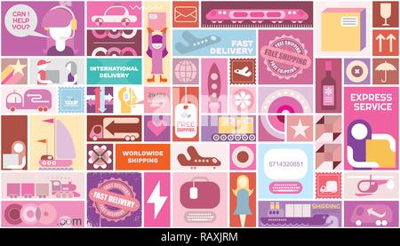 Delivery and Shipping poster vector template design. Collage of many various pictures. Can be used as seamless background. Stock Vector