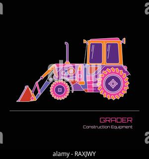 Vibrant colors on a black background Grader mosaic style vector illustration. Construction equipment brochure template design. Stock Vector