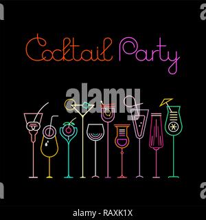 Neon colors on a black background Cocktail Party poster template design. Ten various cocktail glasses and Cocktail Party text with glow effect. Stock Vector
