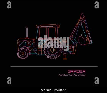 Neon colors on a black background Grader Tractor vector illustration. Construction equipment poster template design. Stock Vector