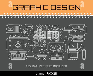 White color line art isolated on a dark grey background Graphic Design vector template. Abstract style set with graphic designer equipment. Banner, le Stock Vector