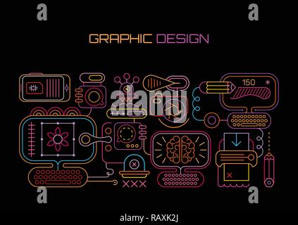 Neon colors on a black background Graphic Design vector illustration. Abstract style set with graphic designer equipment. Stock Vector