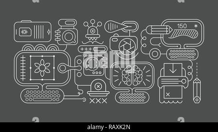 White color line art isolated on a dark grey background Graphic Design vector illustration. Abstract style set with graphic designer equipment. Stock Vector