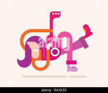 Cheerful man with long hair playing the guitar. Isolated on a light background flat vector illustration. Stock Vector