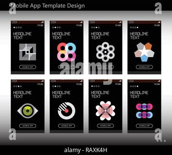 Eight options of mobile app vector template design. Abstract geometric symbols isolated on a black background. Stock Vector