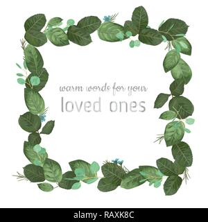 Vector watercolor illustration of a square frame of rose leaves, eucalyptus branches and wax flowers isolated on white background. Beautiful design el Stock Vector