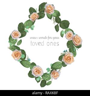 Beautiful floral illustration of a rhombus frame wreath from creamy English roses with leaves, eucalyptus branches and wax flowers isolated on white b Stock Vector