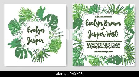 Vector set tropical frame, wedding invitation, label, postcard, save date. Bouquet wreath green palm leaves, sago, monstera, kentia isolated on white  Stock Vector