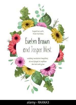 Summer vector wreath round frame for wedding invitation, greeting card, label, advertising, save date. Bouquet of multicolored gerbera with eucalyptus Stock Vector