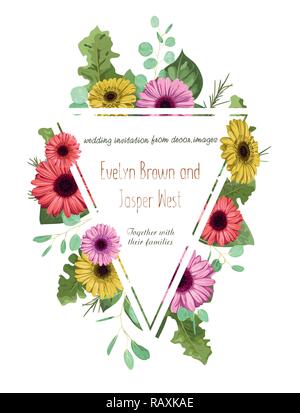 Vector floral pattern, wedding invitation, greeting card, label, flyer, banner. Triangular border framed by colored gerberas and eucalyptus leaves iso Stock Vector