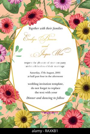 Flower sample of wedding invitation, greeting card, save date beautiful golden geometric frame with gerbera flowers, eucalyptus leaves and wax on a pi Stock Vector