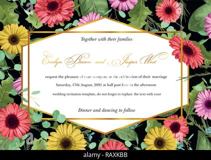 Template vector watercolor floral invitation of gerberas and leaves, branches of eucalyptus, wax flowers with golden geometric frame. For postcards, w Stock Vector