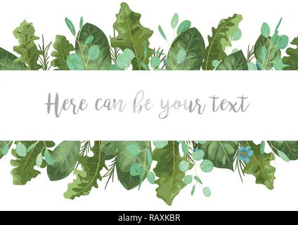 Foliage template banner frame for wedding invitations, greeting cards, advertising, sales, labels. Leaves of a rose, eucalyptus, gerbera and wax flowe Stock Vector
