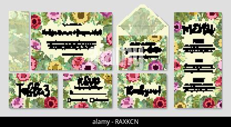 Beautiful vector watercolor wedding invitation set, envelope, rsvp, table number, menu. Colored gerbera with roses and eucalyptus leaves, wax flowers. Stock Vector