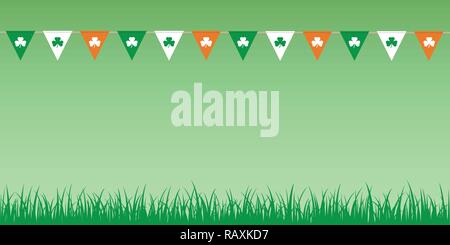 party flags with clover leaves on green background with meadow vector illustration EPS10 Stock Vector
