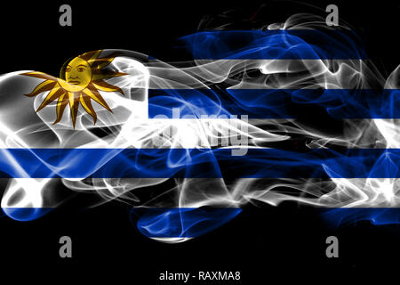 National flag of Uruguay made from colored smoke isolated on black background Stock Photo