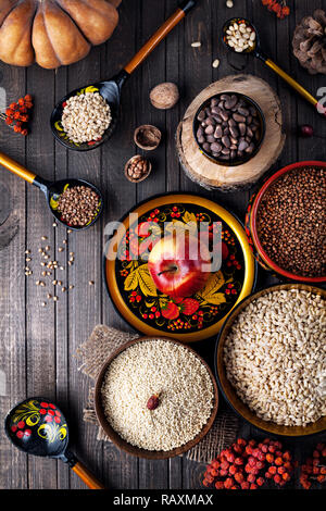 Food Ingredients in Russian traditional dish with hohloma on Shrovetide holidays Stock Photo