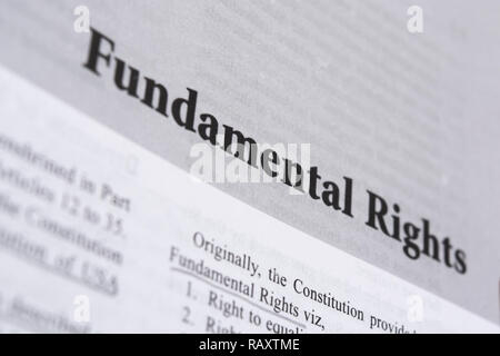 Maski,Karnataka,India - January 4,2019 : Fundamental Rights printed in book with large letters. Stock Photo