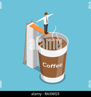 Flat 3d isometric businessman ready to jump into a cup of coffee. Coffee break concept. Stock Vector