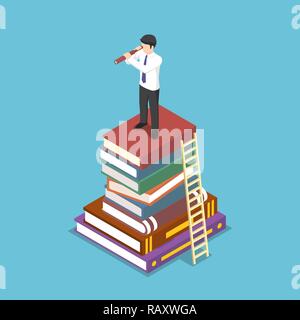 Flat 3d isometric businessman looking through telescope on stack of book. Business vision and education concept. Stock Vector