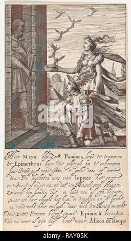 Pandora and Epimetheus, print maker: Pieter Serwouters, 1601 - 1657. Reimagined by Gibon. Classic art with a modern reimagined Stock Photo