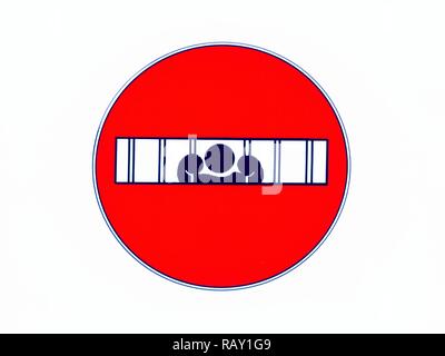 Round Stop Sign Man in Prison behind Bars. Funny. Stock Photo