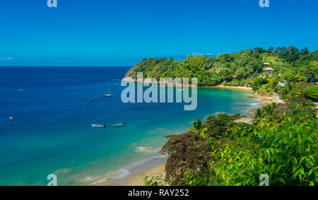 Castara is a small fishing village on the tropical island of Tobago in the Caribbean.  Often called the original Robinson Crusoe island. Deep blue sky Stock Photo