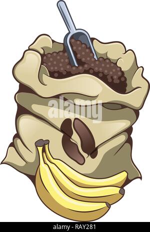 Illustration of a coffee sack and three bananas Stock Vector
