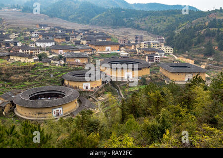 View of ChuXi Cluster of Tulou - Fujian province, China. The tulou are ancient earth dwellings of the Hakka people Stock Photo