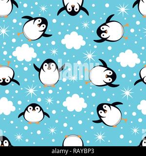 Penguins in different poses. Seamless pattern. Vector cartoon illustration Stock Vector