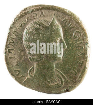 Ancient Roman bronze sertertius coin of Empress Julia Mamaea. Obverse. Stock Photo