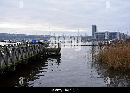 View from Cardiff Bay Wetlands Reserve across Cardiff Bay to Penarth Stock Photo