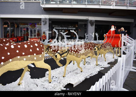 Lego santa sleigh and reindeer, Mermaid Quay, Cardiff Bay, Cardiff, South Glamorgan, Wales Stock Photo