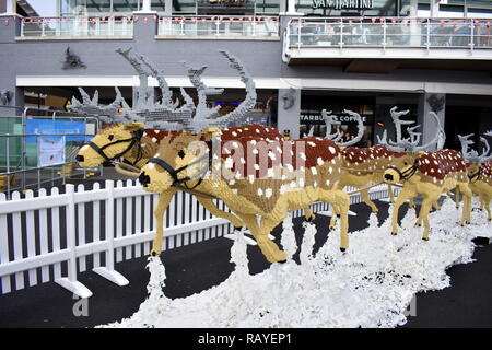 Lego santa sleigh and reindeer, Mermaid Quay, Cardiff Bay, Cardiff, South Glamorgan, Wales Stock Photo
