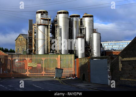 Brains brewery fermentation tanks, Cardiff, South Glamorgan, Wales Stock Photo