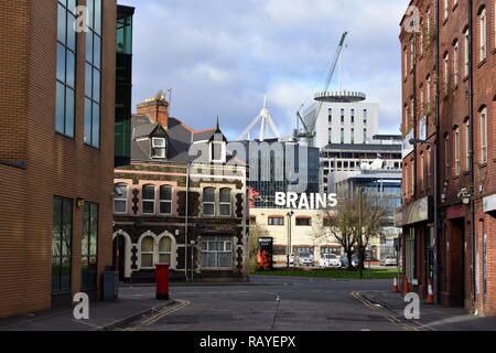 Cardiff street view and Brains brewery, Cardiff, South Glamorgan, Wales Stock Photo