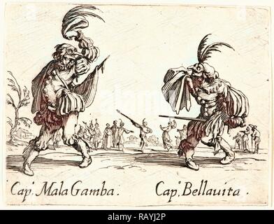 Jacques Callot (French, 1592 - 1635). Cap. Mala Gamba and Cap. Bellauit, 1622 and later. From Balli di Sfessania reimagined Stock Photo