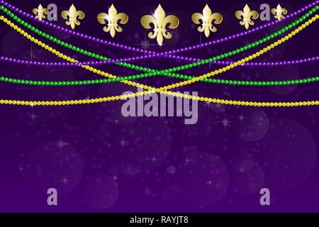 Horizontal pattern beautiful yellow, green, purple beads on a dark night background with flashes of light. Mardi Gras Party. Stock Vector