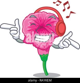 Listening music petunia flower grows in character pots Stock Vector