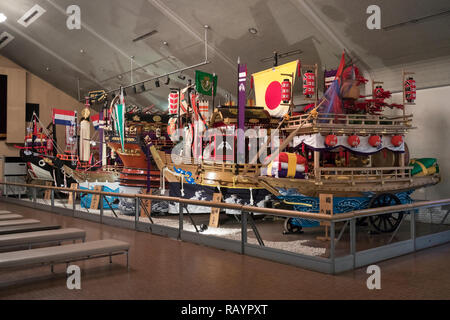 Nagasaki, Japan - October 26, 2018: Display of festival floats from the Nagasaki Kunchi Festival in the Nagasaki Traditional Performing Arts Museum Stock Photo