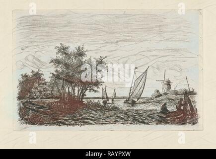 Boats on a lake, Joseph Hartogensis, 1860. Reimagined by Gibon. Classic art with a modern twist reimagined Stock Photo
