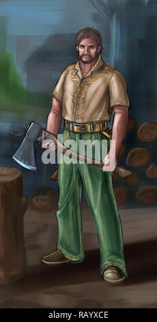 Concept Art Fantasy Illustration of Lumberjack or Villager, Countryman or Village Man With Ax Stock Photo