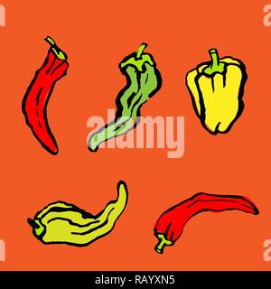 Red, yellow, green peppers icons collection. Vector grunge set illustration. Stock Vector