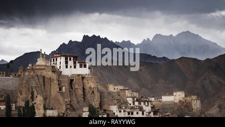 Lamayuru monastery in Ladakh, India. The second most ancient monastery in Ladakh region with storm clouds and overcast sky Stock Photo